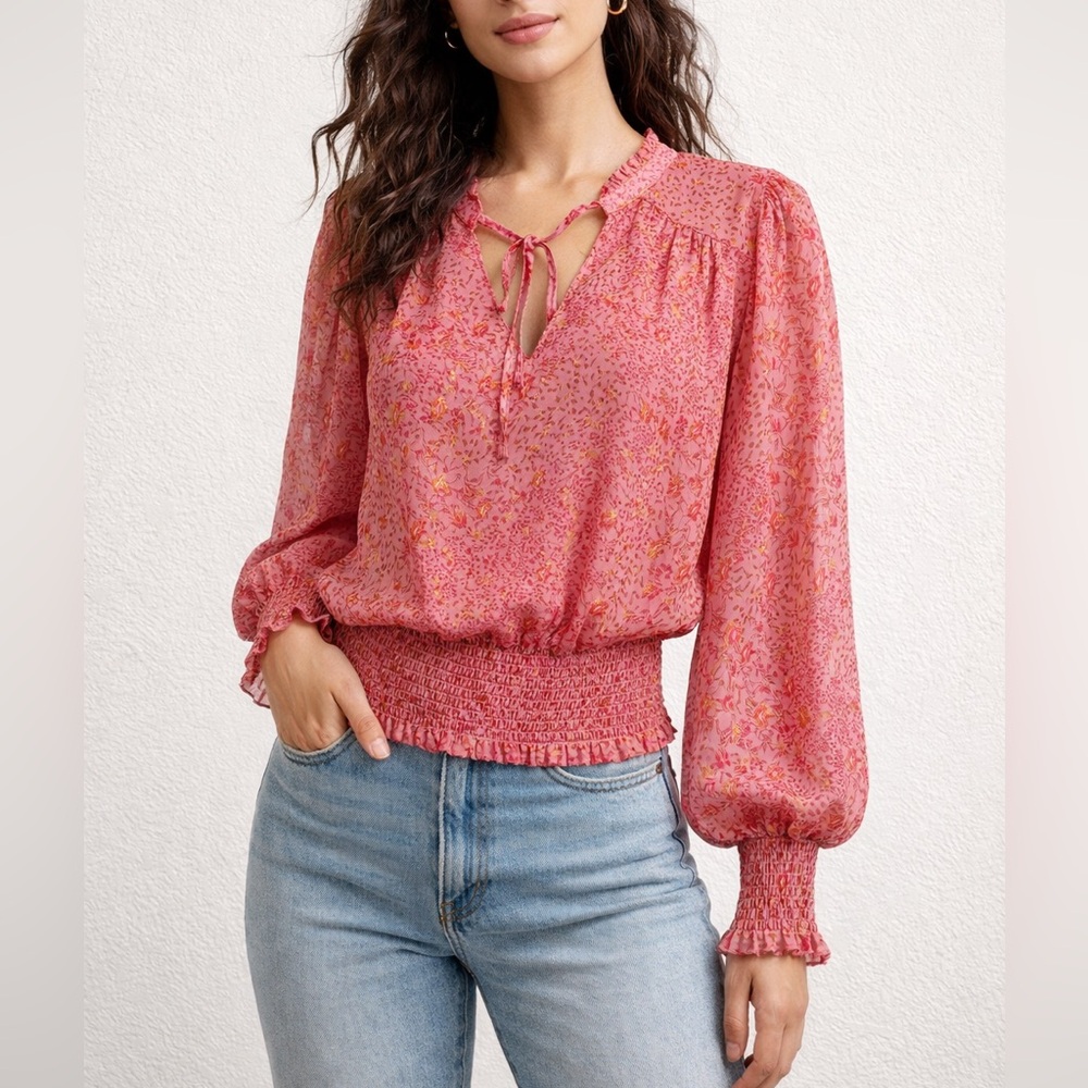 Maison d’Amelie Pink Floral Boho Blouse Long Sleeve Smocked waist Peasant Top M